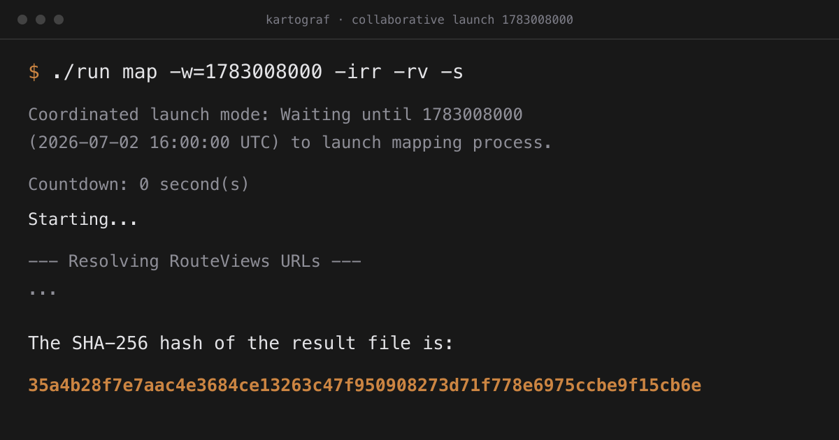 Terminal window showing a kartograf collaborative launch wait, countdown, and result hash