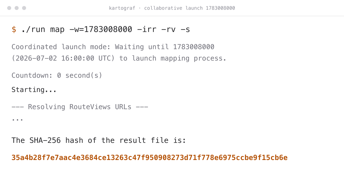 Terminal window showing a kartograf collaborative launch wait, countdown, and result hash